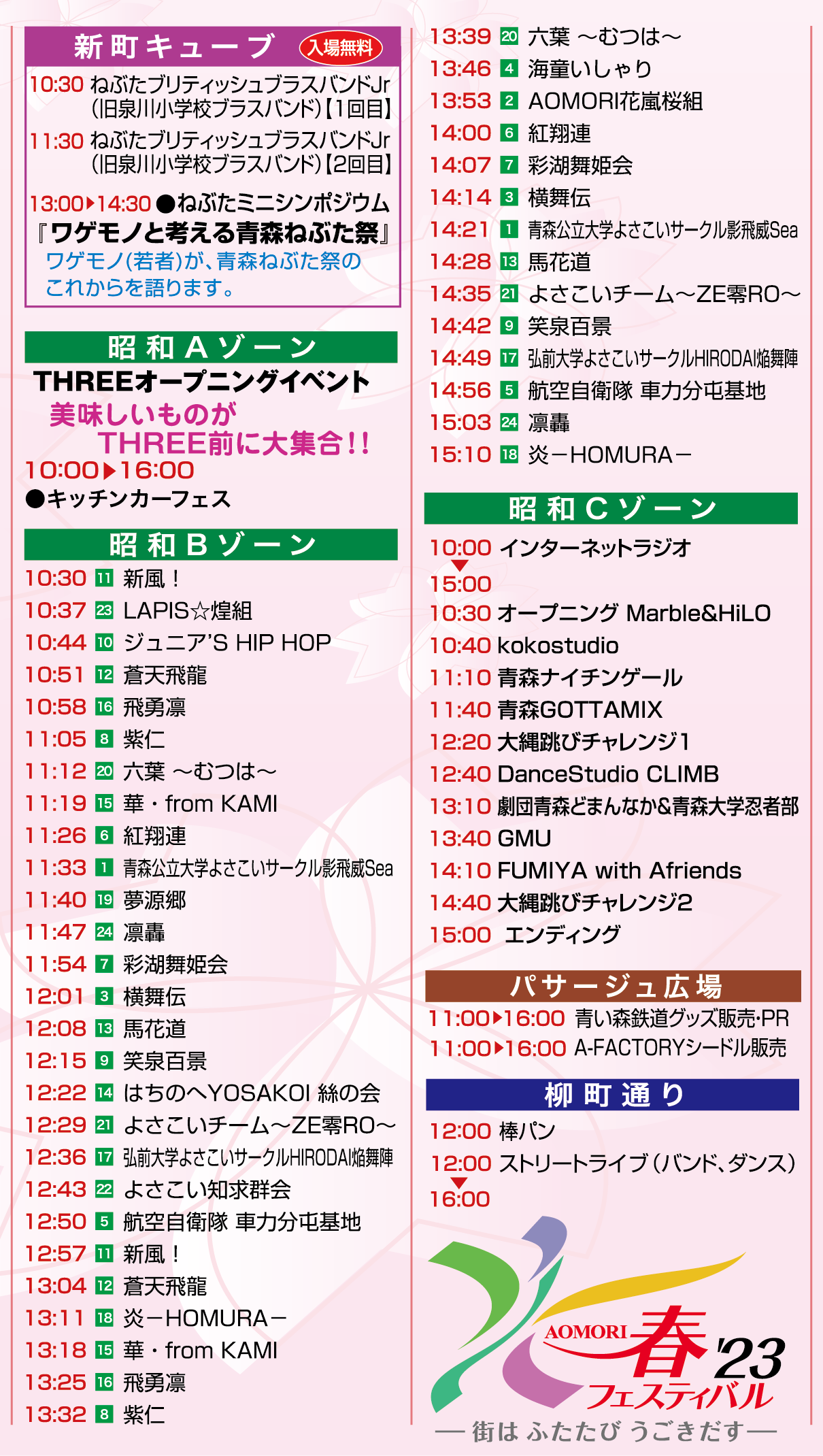 昭和通り・新町キューブ・パサージュ広場・柳町通り　タイムスケジュール